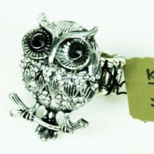 Owl Stretch Ring Black Gems Silver Tone